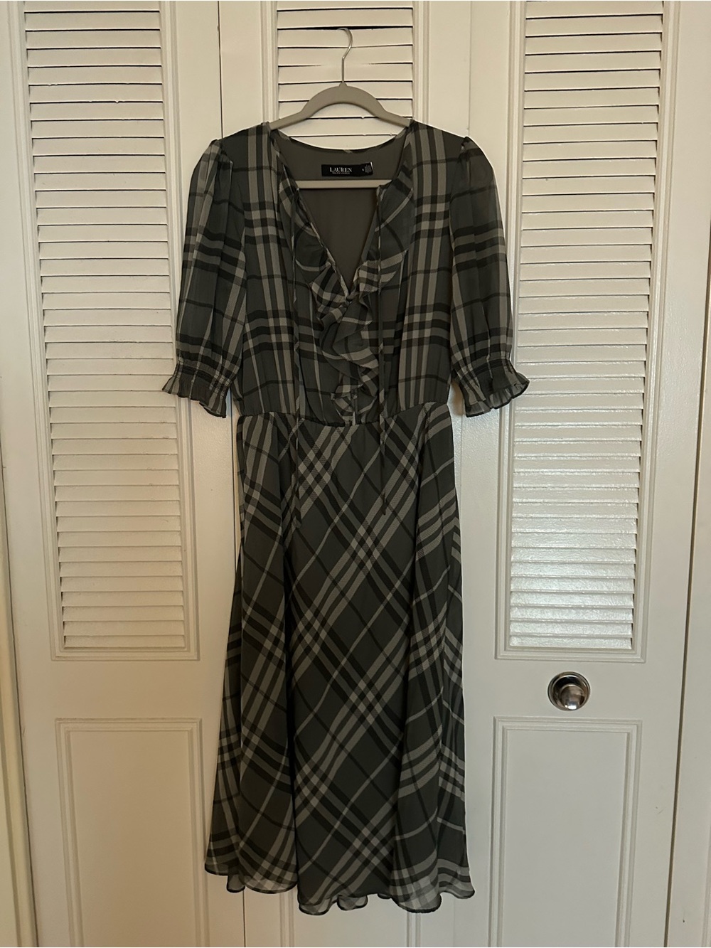 Ralph Lauren Green Plaid Ruffle-Front Midi Dress